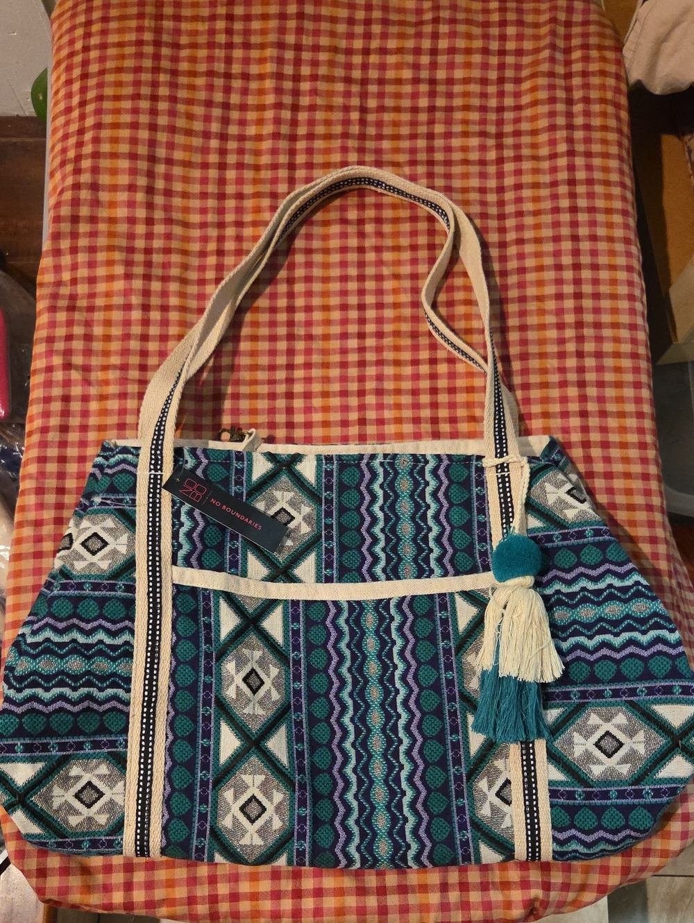 Boho Geometric Tote Bag in Teal and Navy